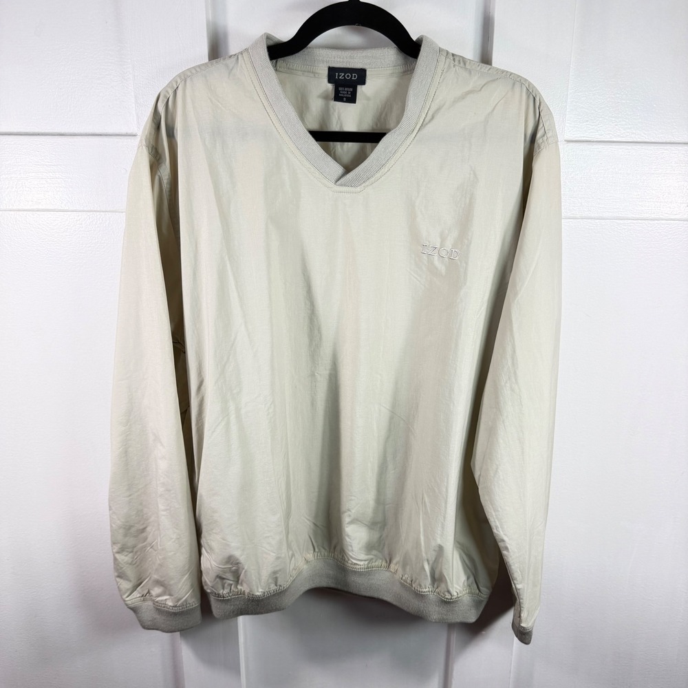 IZOD Mens Tan Beige V-Neck Nylon Windbreaker Pullover Golf Jacket Small